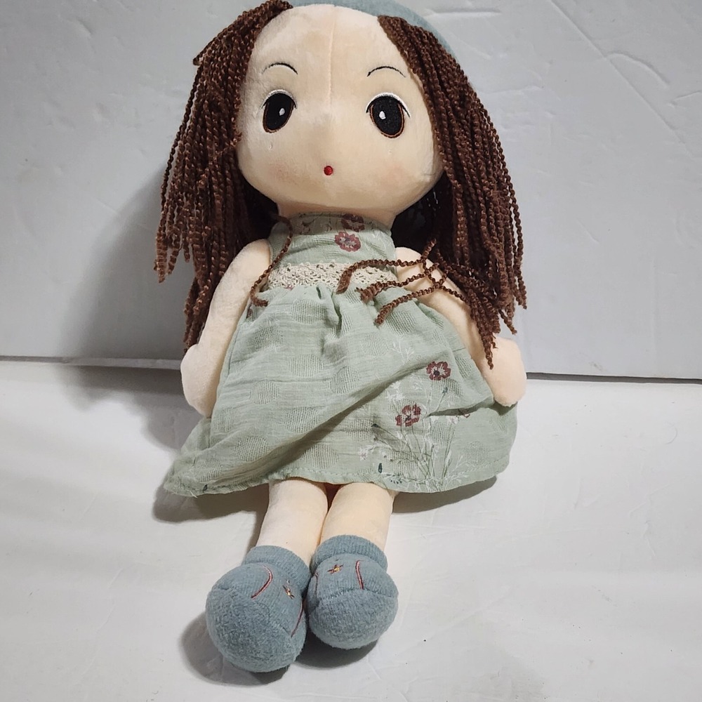 HWD Kawaii Japanese Girl Doll Sewn Eyes Soft Plush Floral Green Dress 15"